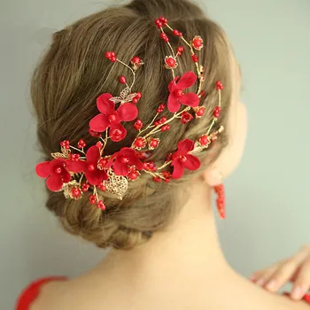 JaneVini Vintage Red Nuotakos Plaukų Šukos Perlai, Šilko Gėlės Šukuosena Nuotaka plaukų segtukai su Auskarai Moterims, Vestuvių Plaukų Aksesuarai