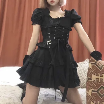 Japonijos Moterų, Black, Gothic Lolita Dress Viktorijos Renesanso Retro Chic Punk Stiliaus Sluoksniuotos Rankovėmis Tvarstis Mini Suknelė Mergina Suknelės