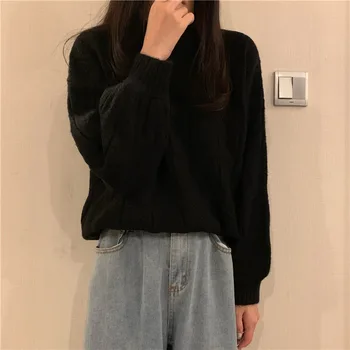 Japonijos Retro Stiliaus, Juodos spalvos Megztinis Moterų Žiemos 2020 M. Rudens Ir Žiemos Naujas Tingus Vėjas Prarasti Balta Striukė