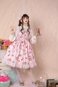 Japonijos saldus lolita dirželis suknelė nėrinių bowknot mielas spausdinimo aukšto juosmens kawaii suknelė gothic lolita kawaii girl loli cosplay
