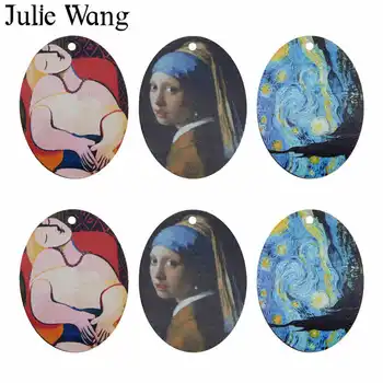 Julie Wang 3PCS Ovalo Pasaulyje Garsaus Aliejaus Tapybai Pakabukai Medžio 30*40mm Pakabukas Apyrankės Karoliai, Papuošalai Priėmimo Priedų