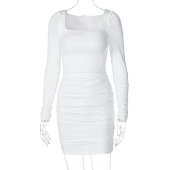 Julissa Mo Ruched Bodycon Mini Suknelė Moterims 2021 M. Pavasarį Ilgomis Rankovėmis Aikštėje Apykaklės, Šaliai, Suknelės, Seksualus, Elegantiškas Moteris Vestidos