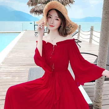 Kad pajūrio atostogų suknelė moterų Bohemijos suknelė pečių raudona paplūdimio suknelė super naujas pasakų žodį
