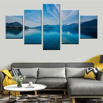 Kambarį dekoratyvinės sienų meno spausdinimo Šiaurės plakatas 5 vnt ežeras, kalnas, mėlynas dangus, balti debesys kraštovaizdžio drobė nuotrauką
