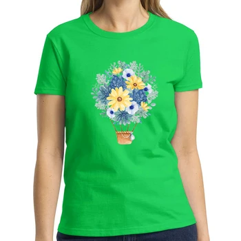 Karšto Oro Balionas, kurį Sudaro Žydros Lapai Ir Geltonos Gėlės Grafinis Naujas Moterys T-shirt 
