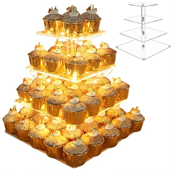 Keksiukų Stovas 4 Pakopų Akrilo Tortas Desertas Stendas Su LED Styginių Šviesos partijų Vestuvių Šviesos Tortas Stendas
