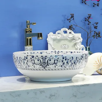Keramikos Lavabo, Suapvalinti Stalviršio, Vonios Kriaukle Praustuvas mėlynos ir baltos keraminės kriauklės vonios kriaukle