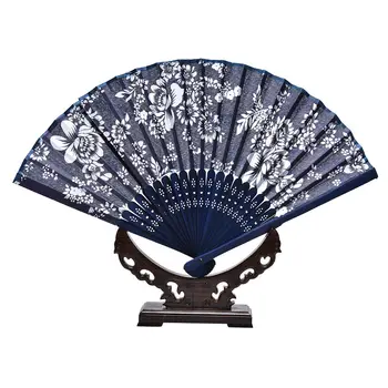 Kinų stiliaus mėlynos spalvos audinio pusės ventiliatorius su dažyta mėlyna bambuko rėmo Vestuves naudai cal gėlių dizainas
