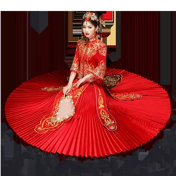 Kinų Tradicinio Siuvinėjimo Nuotakos Suknelė Qipao Raudonų Senovinių Vestuvių Cheongsam Rytų Suknelės, Šaliai, Skraistės Chinoise Dragon Long