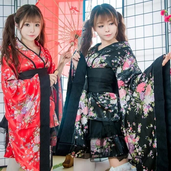 Klasikinis Anime Cosplay Kostiumų Japonų Geiša Kimono Yukata Suknelė Su Obi Senovinių Nėrinių Šikšnosparnių Rankovėmis Gėlių Suknelė Šalis Vestidos