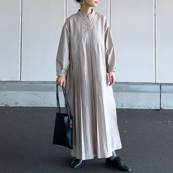 Korėjos Japonija Minimalistinio Ilgomis Rankovėmis Maxi Suknelė 2020 M. Rudenį Plisuotos Moteriška Ilga Suknelė Apdaras Paprastas Atsitiktinis Lady Darbo Vestiods