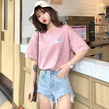 Korėjos kawaii trumpas rankovės marškinėliai harajuku Paprastas Siuvinėjimas, marškinėliai Moteriška Atsitiktinis rožinė grafinis tees Moterų, O-kaklo Vasaros Viršūnes