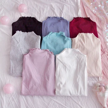 Korėjos Mados Moterų marškinėliai Golfo Derliaus Long Sleeve Top Moterų Japonija Rožinė Pagrindinio Slim Fit Pynimas White Black Marškinėliai
