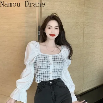 Korėjos Pledas Kratinys Moterims Palaidinės Sluoksniuotos Ilgomis Rankovėmis Slim Aukšto Juosmens Trumpi Marškinėliai 2020 Naujas Blusas Femme Viršūnės
