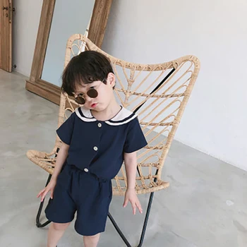 Korėjos Stiliaus Sailor Mergaičių Drabužių Rinkiniai Berniukų Drabužiai, Kostiumai 2019 M. Vasaros Vaikų Drabužiai, marškinėliai+Šortai 2vnt Lino Rinkiniai