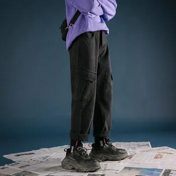 Korėjos vyriški Džinsai Laisvi Kišenėje Dekoro Tampri, Kvėpuojantis Mygtuką Pavasarį, Rudenį Didelio Dydžio Skalbti Vyrų Krovinių Kelnės