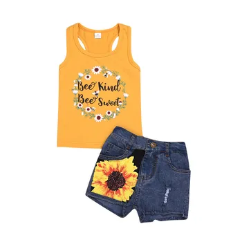 Kūdikių vaikas mergaičių drabužių rinkiniai Spausdinti vasaros komplektus vaikams Berankoviai Marškinėliai Viršuje+Gėlių Džinsinio Šortai Komplektus, Rinkinius, L423