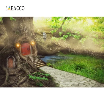 Laeacco Pasaką Jungle Tree House Elfai Kelias Žalia Žolė, Scena, Foto Fone Fotografijos Fonas Foto Studija