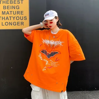 Laisvas trumparankoviai marškinėliai Vasaros ins korėjos oranžinės spalvos lazda spausdinimo moterų hip-hop ' o pusė rankovėmis viršūnes vyrų ir moterų mėgėjams