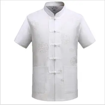 LANDEAL Lino Apvalios Kaklo Kinijos Marškinėliai Hanfu Medvilnės Skalbiniai Vyrų Derliaus Siuvinėjimas, Marškinėliai