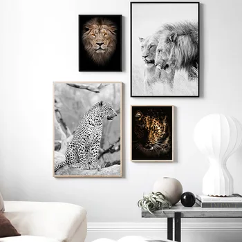 Laukiniai Gyvūnai, Liūtas, leopardas Plakatas Šiaurės Drobė Spausdinti Juodai Baltos Sienos Meno Tapybos Skandinavijos Apdailos Nuotrauką Namų Dekoro