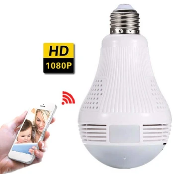LED Šviesos 1080P Wifi Fotoaparato 360 °Panoraminis Home Security, Smart WiFi CCTV Fisheye Lemputės Night Vision Dviejų krypčių o(32G)