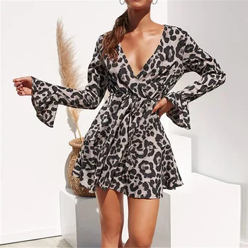 Leopard Suknelė 2020 M. Moteris Derliaus Long Beach Suknelė Prarasti ilgomis Rankovėmis Giliai V-kaklo-line Seksualus Šalis Suknelė Vestidos de fiesta