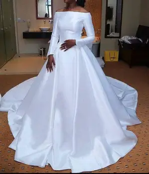 Linijos Afrikos Vestuvių Suknelės Nuo Peties Satino Valymo Traukinio Ilgomis Rankovėmis Elegantiškas Bohemijos Vestuvių Suknelė Pagal Užsakymą Pagaminti Vestuvių