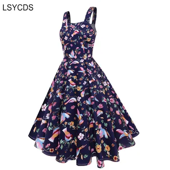 LSYCDS 1950 Senovinių Paukščių Spausdinti Suknelė Moterims Retro Rockabilly Hepburn Stiliaus Tamsiai Mėlyna Rankovių Vasaros Midi Suknelė