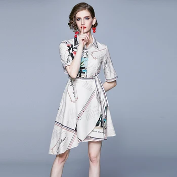 LUKAXSIKAX 2020 Naujas Vasaros Moterų Suknelė Aukštos Kokybės Mados Geometrinis Raštas Spausdinti Asimetriškas Hem Elegantiška Suknelė Vintage Suknelė