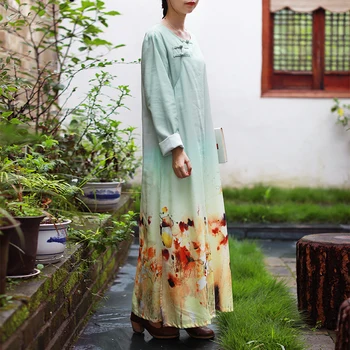 LZJN Gėlių Spausdinti Suknelė Moterims Rudenį 2019 Kinų Stiliaus ilgomis Rankovėmis Elegantiškas Maxi Marškinėliai Suknelė Vintage Drabužius Femme Atsitiktinis Vestidos