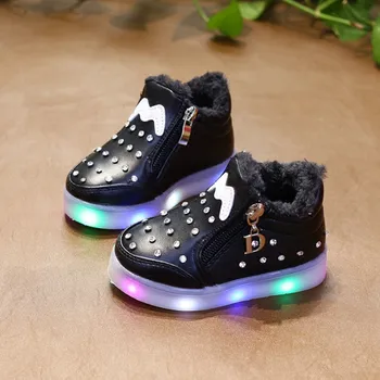 Mados atsitiktinis vaikų mergaičių batai žiemą šiltas pliušinis batai butas kulniukai animacinių filmų kristalų užtrauktukas vaikus mergina led šviesos batai flash 12