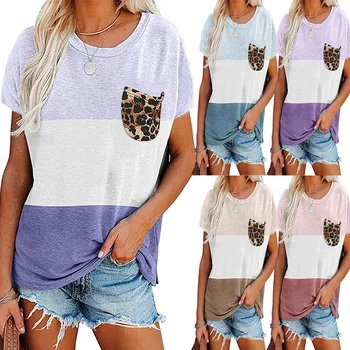 Mados Vasaros moteriški Marškinėliai Atsitiktinis V-Kaklo Leopard Print Pocket T-Shirt Ladies Prarasti trumpomis Rankovėmis Viršūnes Marškinėliai, Megztinis 2021