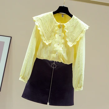 Marškinėliai Moteriška Nišą korėjos Japonija Stiliaus Peter Pan Apykaklės Nėrinių ilgomis rankovėmis Šifono Palaidinė 2020 Naujų Rudens Moteris Viršuje GX1428