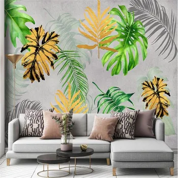 Milofi didelis tapetai, freskos modernus minimalistinio abstrakčiai paauksuota atogrąžų žaliųjų augalų monstera, švieži, TV foną sienos