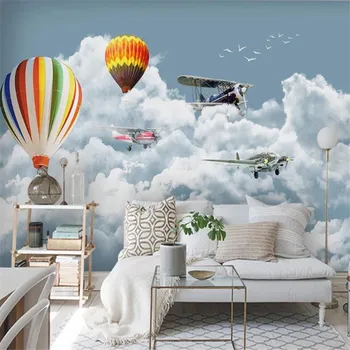Milofi užsakymą 3D tapetai, freskos modernus minimalistinio mėlynas dangus, balti debesys lėktuvo balionas vaikų kambario sienos fone