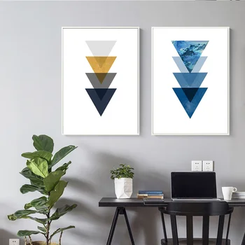 Modernios Geometrinės Sienos Menas Abstraktus Formos Saulės, Kalnų, Drobė, Tapyba Mėlynos Spalvos Trikampiai Plakatas Šiaurės Kambarį Dekoro Įrėminti