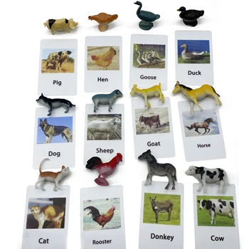 Montessori Gyvūnų Rungtynės Korteles Miniatiūrinės Figūrėlės su 2 Dalies Atitikimo Kortelės Kalbą Medžiagų Korteles Žaidimo Galvosūkiai Vaikams
