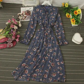 Moterims Gėlių Spausdinti Šifono Suknelė Bohemijos Rudenį Blyksnius ilgomis Rankovėmis Atsitiktinis-line Pink/Blue 
