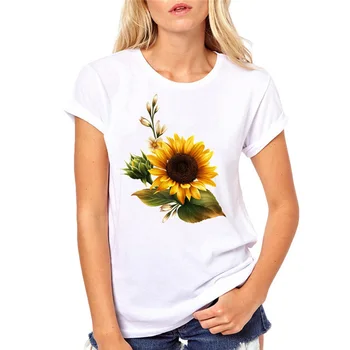 Moteris Baltųjų Gėlių Tshirts trumpomis Rankovėmis Moteriška Priežastinis marškinėliai Mergaitėms, Drabužiai T-Shirt Cool Merginos Saulėgrąžų Marškinėliai