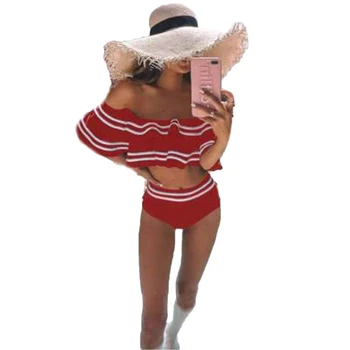 Moteris, Dviejų dalių Off-pečių maudymosi kostiumėlį Panele Seksuali Raukiniai Bikini Komplektas su Paminkštinimu Vonia Juostelės Bather maudymosi kostiumėlį Biquini