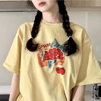 Moteriški marškinėliai medvilnės kawaii girl minkštas mielas Japonijos šviežių geltonos pomidorų peach spausdinimo trumparankoviai marškinėliai ins moteriška palaidinė