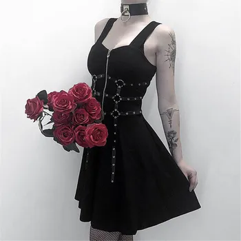 Moterų Derliaus Rock, Punk Sexy Diržas Suknelės Gotikos Mini Petnešos-Line Suknelė