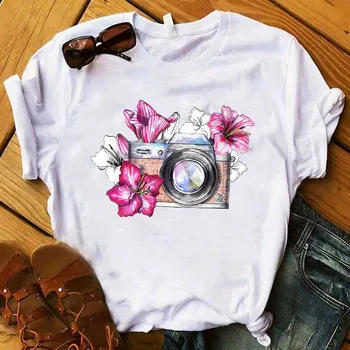 Moterų Lady Marškinėliai Kamera Gėlių Derliaus Išspausdintas Ponios Marškinėlius trumpomis Rankovėmis Tee Marškinėliai Moterims, Moterų Topai Rūbų, Grafinis T-shirt