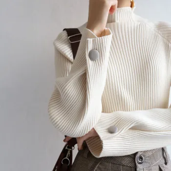Moterų Megztinis Rudenį, Pavasarį Paprasta Dugno Marškinėliai Pusė Golfo Atsitiktinis Kintted Megztinis Baltas Megztinis Femme Plius Dydžio megztinis