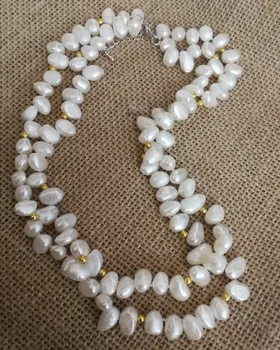 Moterų Papuošalai 2 Eilėmis natūralių perlų 8mm baltas perlas baroko aukso karoliukai karoliai AA+ Natūralių gėlavandenių perlų rankų darbo dovana 17