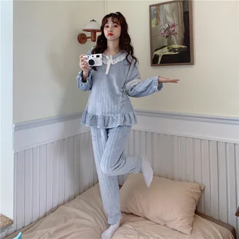 Moterų Patogus Šiltas Miego vientisos spalvos saldus ir laisvi ilgomis rankovėmis megztinis pižama dviejų dalių homewear JJF0037
