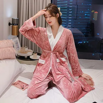 Moterų Pižama Seksualus Sleepwear Nustatyti Auksinio Aksomo Spausdinti Cardigan Chalatas Patogus ir Šiltas Mados Homewear Pižamos Žiemos 2020 m.