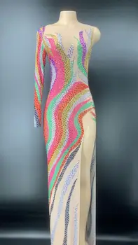 Moterų Seksualių Scenos Blizgančių Multi-color Cirkonio Suknelė Gimtadienio Švęsti Vienos Rankovės Permatomos Suknelė Moterims Šokėjos Suknelė