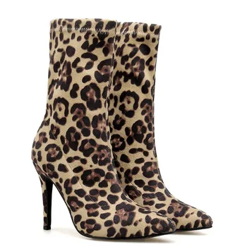 Moterų trumpi batai nurodė stiletto aukšto kulno moterų batai 2020 m. rudens ir žiemos naujas mados seksualus leopardas spausdinti elastinga batai